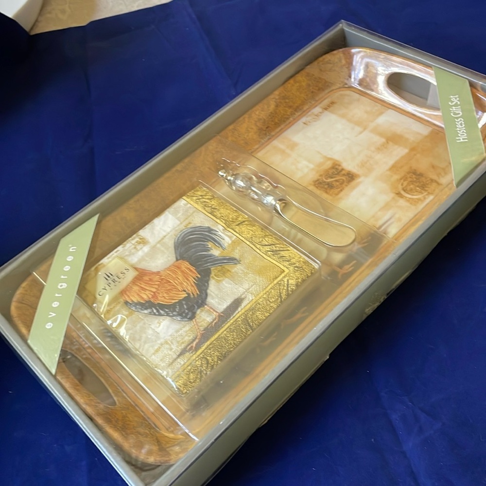 Hostess gift set Cypress home melamine tray napkin spreader Rise n shine rooster
